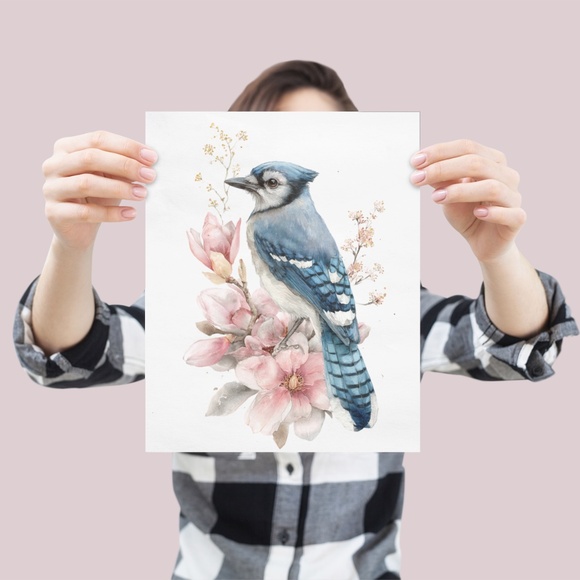Watercolor Floral Blue Jay Art Print - Unframed Wall Decor - Picture 3 of 6